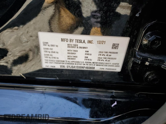 2022 Tesla Model S Plaid with VIN 5YJSA1E69NF460808, listed as a Copart auction lot 55181095 with 12,836 mi miles and Salvage Title. Bid and sale history available at DreamBid. Image 13.