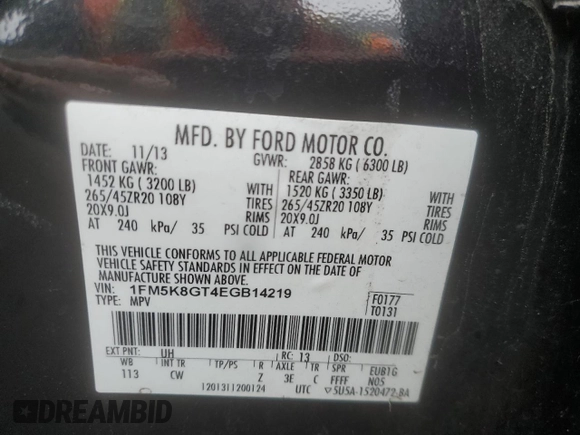 2014 Ford Explorer Sport with VIN 1FM5K8GT4EGB14219, listed as a Copart auction lot 57281735 with 149,472 mi miles and Clean title. Bid and sale history available at DreamBid. Image 13.