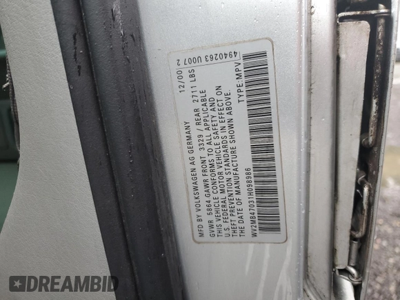 2001 Volkswagen EuroVan MV с VIN WV2MB47031H098986, выставлен на аукционе Copart как лот 77587294 с пробегом 161 046 миль миль и Чистый • Clean title. История ставок и продаж доступна на DreamBid. Изображение 13.