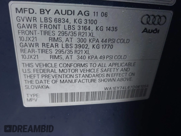2007 Audi Q7 Premium Plus with VIN WA1EY74L67D061054, listed as a IAAI auction lot 41919887 with 175,238 mi miles and . Bid and sale history available at DreamBid. Image 9.