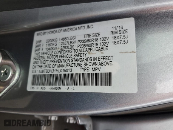 2017 Acura RDX with VIN 5J8TB3H31HL015013, listed as a Copart auction lot 44833015 with 56,954 mi miles and Salvage Title. Bid and sale history available at carsss.com. Image 12.