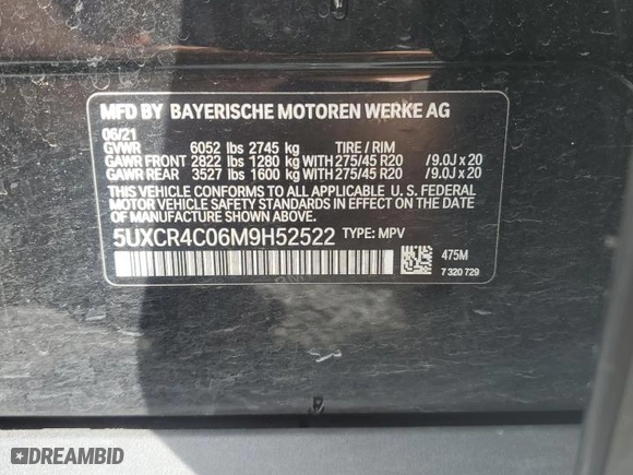 2021 BMW X5 sDrive40i with VIN 5UXCR4C06M9H52522, listed as a Copart auction lot 53038075 with 108,218 mi miles and Clean Title. Bid and sale history available at carsss.com. Image 13.