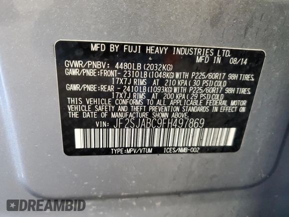 2015 Subaru Forester 2.5i with VIN JF2SJABC9FH497869, listed as a Copart auction lot 54498705 with 188,520 mi miles and Salvage Title. Bid and sale history available at carsss.com. Image 13.