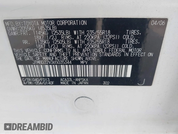 2006 Toyota RAV4 Sport with VIN JTMBD32V365035344, listed as a IAAI auction lot 42625044 with 234,161 mi miles and . Bid and sale history available at DreamBid. Image 9.