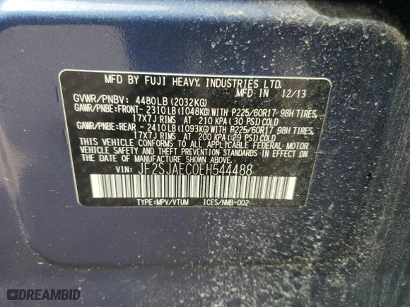 2014 Subaru Forester 2.5i Premium with VIN JF2SJAEC0EH544488, listed as a Copart auction lot 51641725 with 0 mi miles and Non Repairable. Bid and sale history available at carsss.com. Image 13.