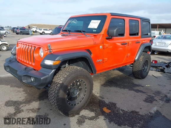 2019 Jeep Wrangler Unlimited Sport S with VIN 1C4HJXDG7KW568441, listed as a IAAI auction lot 41142271 with 73,698 mi miles and . Bid and sale history available at DreamBid. Image 2.