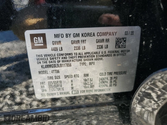 2020 Buick Encore GX Essence with VIN KL4MMGSL5LB117856, listed as a Copart auction lot 48256835 with 67,963 mi miles and Salvage title. Bid and sale history available at DreamBid. Image 13.