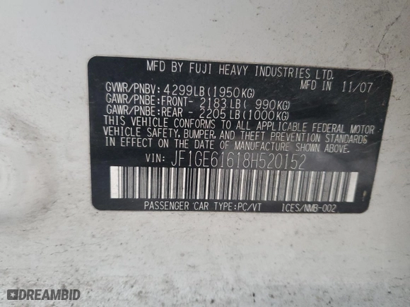 2008 Subaru Impreza Sedan (Natl) i with VIN JF1GE61618H520152, listed as a Copart auction lot 83525584 with 99,412 mi miles and Salvage Title. Bid and sale history available at carsss.com. Image 15.