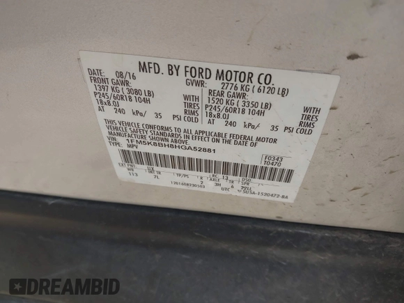2017 Ford Explorer with VIN 1FM5K8BH8HGA52881, listed as a IAAI auction lot 41911119 with 24,068 mi miles and . Bid and sale history available at carsss.com. Image 9.