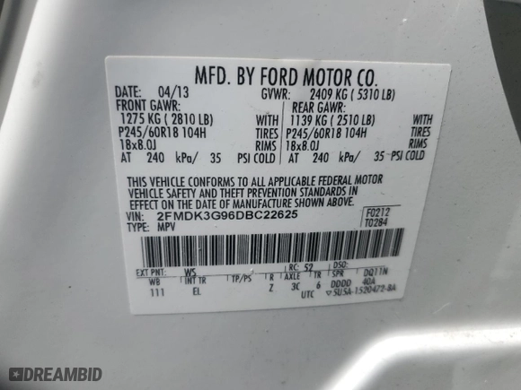 2013 Ford Edge SE with VIN 2FMDK3G96DBC22625, listed as a Copart auction lot 48607695 with 76,688 mi miles and Salvage Title. Bid and sale history available at carsss.com. Image 12.