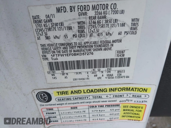 2011 Ford F-150 XL с VIN 1FTFW1EF0BKD57276, выставлен на аукционе IAAI как лот 42511868 с пробегом 246 957 миль миль и . История ставок и продаж доступна на DreamBid. Изображение 9.
