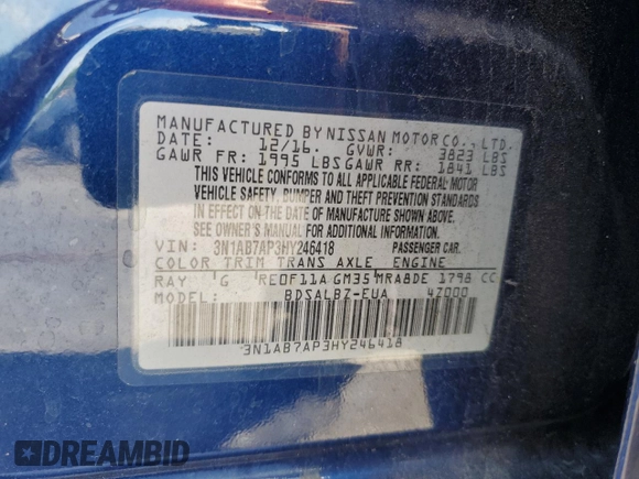 2017 Nissan Sentra S with VIN 3N1AB7AP3HY246418, listed as a Copart auction lot 63836115 with 125,419 mi miles and Salvage title. Bid and sale history available at DreamBid. Image 12.