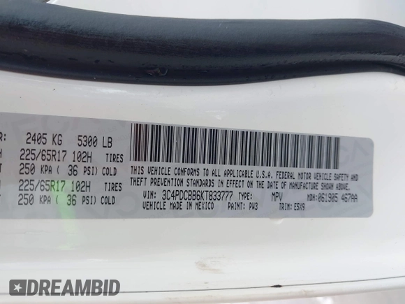 2019 Dodge Journey SE with VIN 3C4PDCBB6KT833777, listed as a IAAI auction lot 42411738 with 32,133 mi miles and . Bid and sale history available at DreamBid. Image 9.