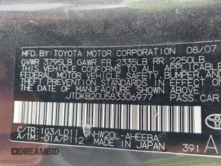 2008 Toyota Prius with VIN JTDKB20U583306977, listed as a IAAI auction lot 42035020 with 212,788 mi miles. Bid and sale history available at carsss.com. Image 9.