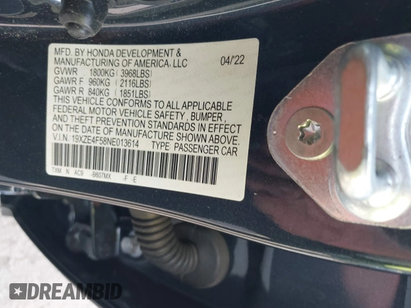 2022 Honda Insight EX with VIN 19XZE4F58NE013614, listed as a IAAI auction lot 41725848 with 31,604 mi miles and . Bid and sale history available at DreamBid. Image 9.
