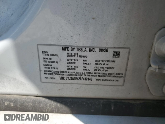 2020 Tesla Model S Performance with VIN 5YJSA1E42LF412448, listed as a Copart auction lot 64893594 with Not provided miles and Salvage title. Bid and sale history available at DreamBid. Image 12.