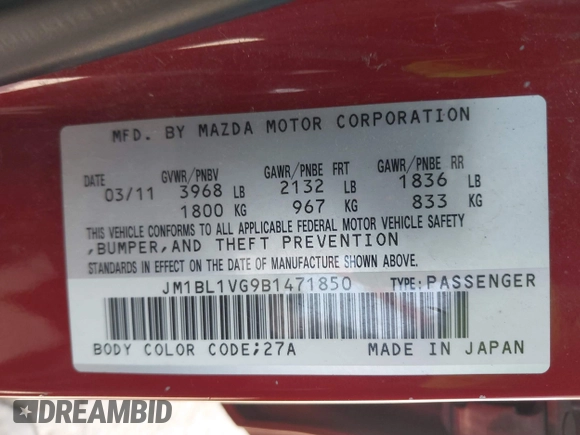 2011 Mazda Mazda3 i Touring with VIN JM1BL1VG9B1471850, listed as a IAAI auction lot 42129977 with 160,011 mi miles. Bid and sale history available at carsss.com. Image 9.