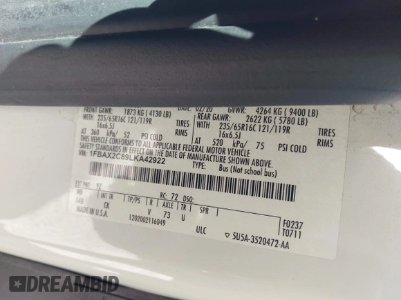 2020 Ford Transit Passenger XL с VIN 1FBAX2C89LKA42922, выставлен на аукционе IAAI как лот 42501650 с пробегом 85 034 миль миль и . История ставок и продаж доступна на DreamBid. Изображение 9.