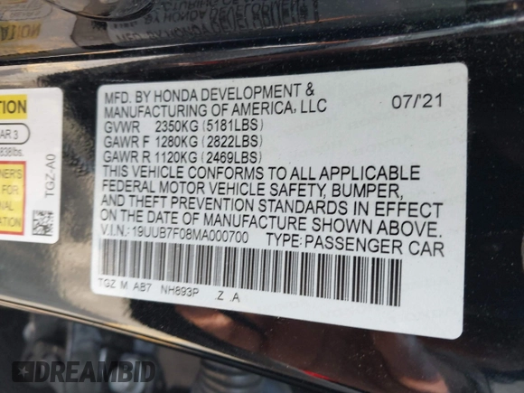 2021 Acura TLX Type S with VIN 19UUB7F08MA000700, listed as a IAAI auction lot 41964358 with Not Provided miles. Bid and sale history available at carsss.com. Image 9.
