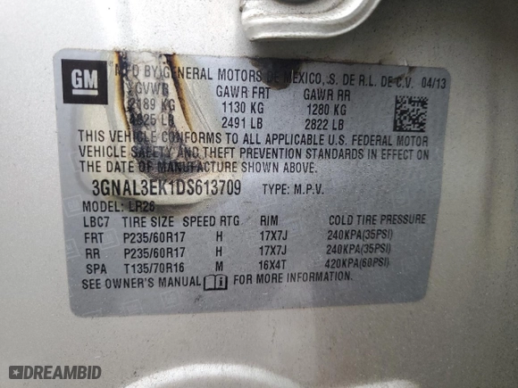 2013 Chevrolet Captiva Sport Fleet LT with VIN 3GNAL3EK1DS613709, listed as a Copart auction lot 50726934 with 157,103 mi miles and Salvage Title. Bid and sale history available at carsss.com. Image 12.