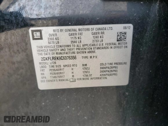 2012 GMC Terrain SLE-1 z VIN 2GKFLREK9C6376356, wystawiony jako Copart lot #59868415 z przebiegiem 123 448 mil mil oraz Czysty tytuł • Clean title. Historia ofert i sprzedaży dostępna na DreamBid. Obrazek 13.