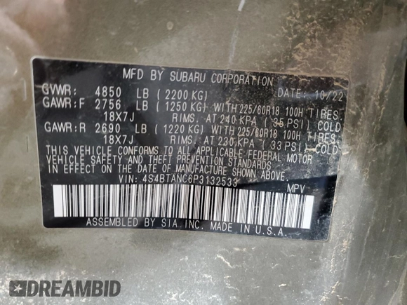 2023 Subaru Outback Limited with VIN 4S4BTANC6P3132533, listed as a Copart auction lot 47547225 with 27,388 mi miles and Salvage title. Bid and sale history available at DreamBid. Image 13.