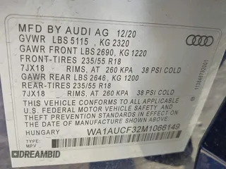 2021 Audi Q3 Premium with VIN WA1AUCF32M1066149, listed as a IAAI auction lot 40695269 with 92,598 mi miles and . Bid and sale history available at DreamBid. Image 9.