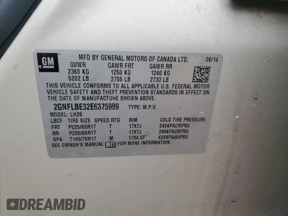 2014 Chevrolet Equinox LT with VIN 2GNFLBE32E6375989, listed as a Copart auction lot 45277025 with 139,313 mi miles and Salvage Title. Bid and sale history available at DreamBid. Image 13.