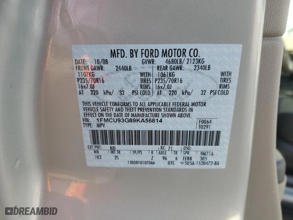 2009 Ford Escape XLT with VIN 1FMCU93G89KA56814, listed as a Copart auction lot 48733485 with 124,063 mi miles and Salvage Title. Bid and sale history available at carsss.com. Image 13.
