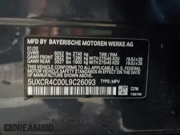 2020 BMW X5 sDrive40i with VIN 5UXCR4C00L9C26093, listed as a Copart auction lot 81833724 with 66,583 mi miles and Clean title. Bid and sale history available at DreamBid. Image 13.