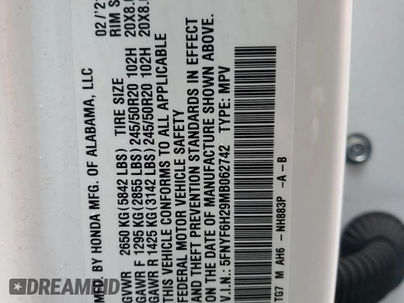 2021 Honda Pilot Special Edition with VIN 5FNYF6H29MB062742, listed as a Copart auction lot 54957435 with 66,915 mi miles and Salvage Title. Bid and sale history available at DreamBid. Image 13.