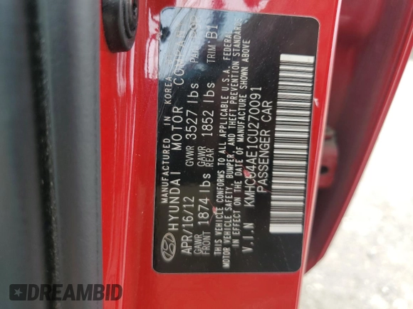 2012 Hyundai Accent GLS z VIN KMHCU4AE1CU270091, wystawiony jako Copart lot #56623905 z przebiegiem 185 477 mil mil oraz Szkody całkowita. Historia ofert i sprzedaży dostępna na DreamBid. Obrazek 12.