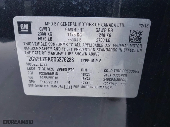2013 GMC Terrain Denali with VIN 2GKFLZEK6D6276233, listed as a IAAI auction lot 42054423 with 115,226 mi miles. Bid and sale history available at carsss.com. Image 9.