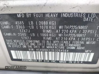 2014 Subaru Outback Premium с VIN 4S4BRBCC2E3264564, выставлен на аукционе IAAI как лот 42193356 с пробегом 121 460 миль миль и . История ставок и продаж доступна на DreamBid. Изображение 9.