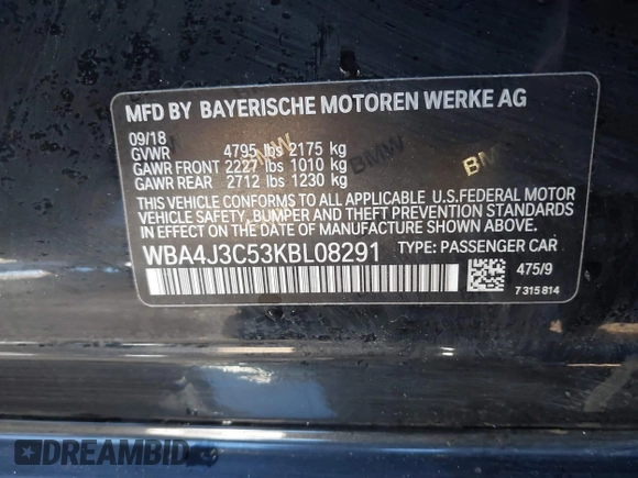 2019 BMW 4 Series 430i xDrive with VIN WBA4J3C53KBL08291, listed as a IAAI auction lot 41471858 with 63,933 mi miles. Bid and sale history available at carsss.com. Image 9.