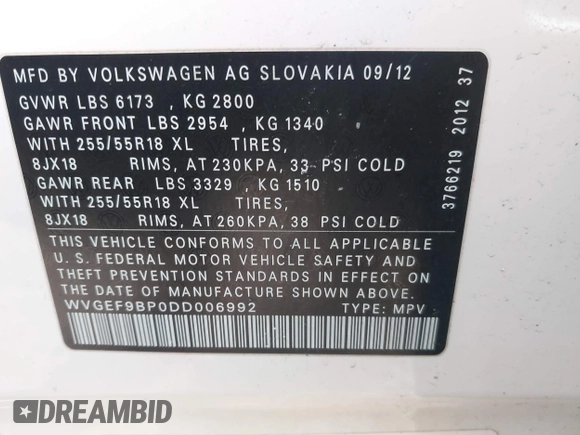 2013 Volkswagen Touareg Exec с VIN WVGEF9BP0DD006992, выставлен на аукционе IAAI как лот 41800140 с пробегом 177 299 миль миль и . История ставок и продаж доступна на DreamBid. Изображение 9.