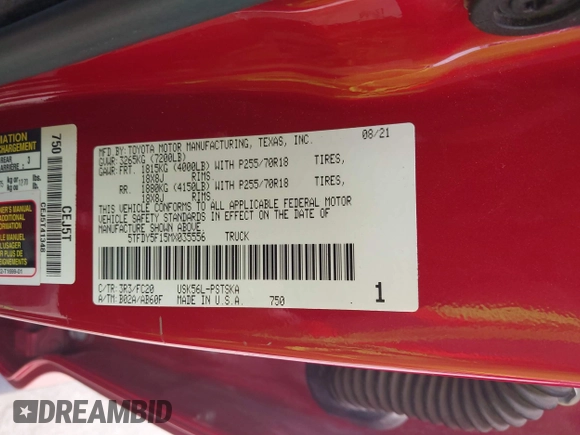 2021 Toyota Tundra SR5 with VIN 5TFDY5F15MX035556, listed as a IAAI auction lot 42289628 with 84,868 mi miles and . Bid and sale history available at DreamBid. Image 9.