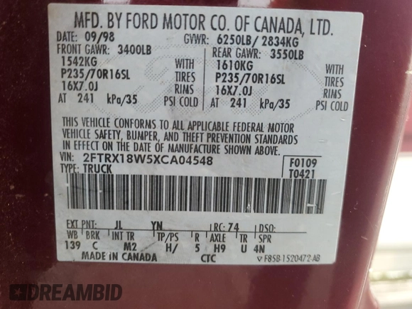 1999 Ford F-150 с VIN 2FTRX18W5XCA04548, выставлен на аукционе Copart как лот 41735485 с пробегом Не указан миль и Списание • Salvage title. История ставок и продаж доступна на DreamBid. Изображение 14.