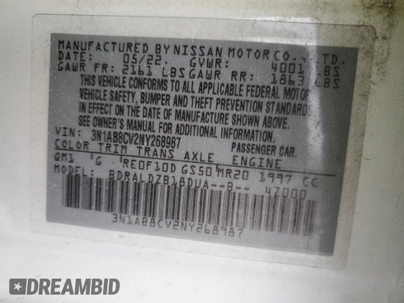 2022 Nissan Sentra SV with VIN 3N1AB8CV2NY268987, listed as a Copart auction lot 87878925 with Not Provided miles and Salvage Title. Bid and sale history available at carsss.com. Image 13.