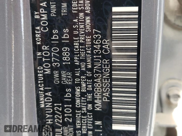 2022 Hyundai Venue SE with VIN KMHRB8A37NU134637, listed as a Copart auction lot 60866415 with 121,028 mi miles and Salvage title. Bid and sale history available at DreamBid. Image 12.