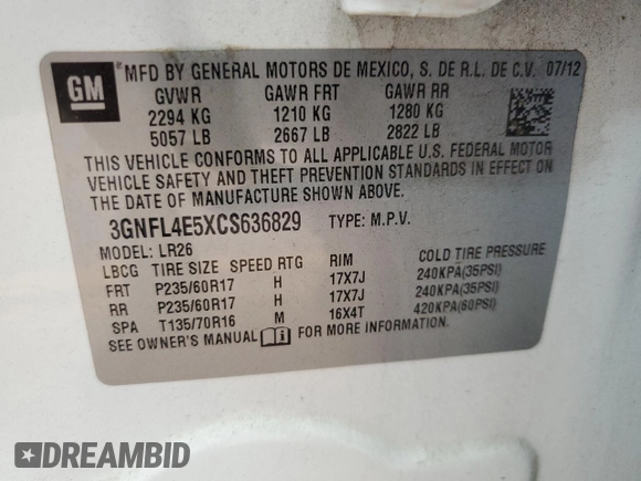 2012 Chevrolet Captiva Sport LTZ z VIN 3GNFL4E5XCS636829, wystawiony jako Copart lot #55035375 z przebiegiem 117 864 mil mil oraz Szkoda całkowita • Salvage title. Historia ofert i sprzedaży dostępna na DreamBid. Obrazek 13.