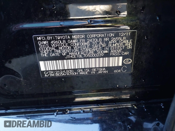 2013 Lexus GS with VIN JTHCE1BL7D5000239, listed as a IAAI auction lot 40812928 with 149,294 mi miles and . Bid and sale history available at carsss.com. Image 9.