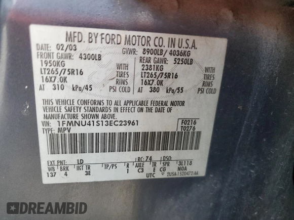 2003 Ford Excursion Special Serv z VIN 1FMNU41S13EC23961, wystawiony jako Copart lot #56982865 z przebiegiem 180 123 mil mil oraz Szkoda całkowita • Salvage title. Historia ofert i sprzedaży dostępna na DreamBid. Obrazek 13.