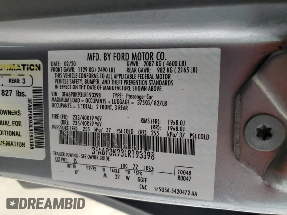 2020 Ford Fusion Titanium with VIN 3FA6P0K93LR193398, listed as a Copart auction lot 54549335 with 117,785 mi miles and Clean title. Bid and sale history available at DreamBid. Image 12.