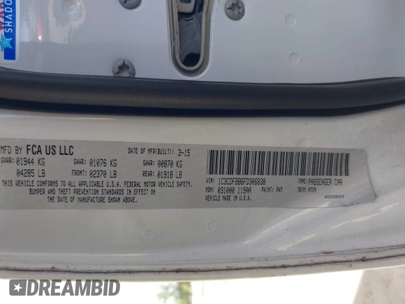 2015 Dodge Dart SXT with VIN 1C3CDFBB6FD306838, listed as a IAAI auction lot 42104314 with 100,143 mi miles. Bid and sale history available at carsss.com. Image 9.