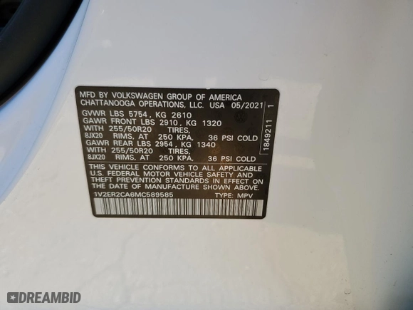 2021 Volkswagen Atlas 3.6L V6 SEL with VIN 1V2ER2CA6MC589585, listed as a Copart auction lot 74699884 with NaN miles and Salvage Title. Bid and sale history available at carsss.com. Image 14.