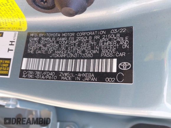 2022 Toyota Prius L Eco с VIN JTDKAMFU3N3173380, выставлен на аукционе IAAI как лот 42030001 с пробегом 81 336 миль миль и . История ставок и продаж доступна на DreamBid. Изображение 9.