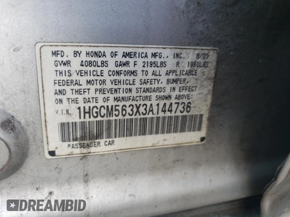 2003 Honda Accord LX with VIN 1HGCM563X3A144736, listed as a Copart auction lot 62928425 with 313,093 mi miles and Salvage title. Bid and sale history available at DreamBid. Image 12.