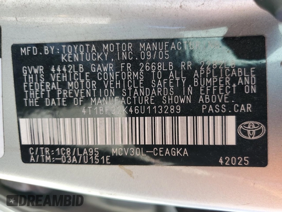 2006 Toyota Camry LE z VIN 4T1BF32K46U113289, wystawiony jako Copart lot #52558135 z przebiegiem 213 000 mil mil oraz Szkoda całkowita • Salvage title. Historia ofert i sprzedaży dostępna na DreamBid. Obrazek 12.