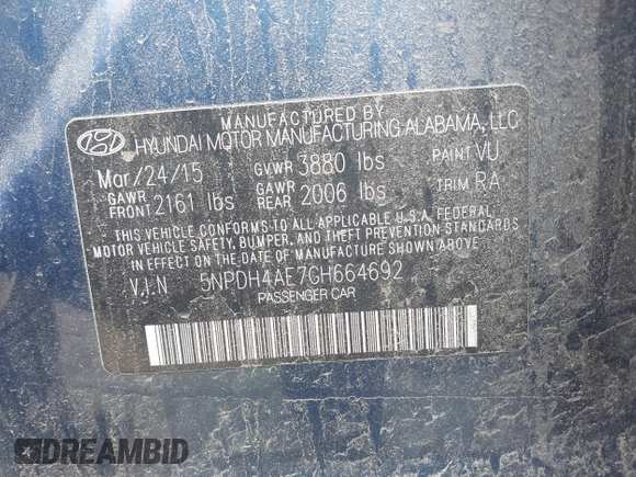 2016 Hyundai Elantra SE with VIN 5NPDH4AE7GH664692, listed as a IAAI auction lot 42605703 with 195,853 mi miles and . Bid and sale history available at DreamBid. Image 9.